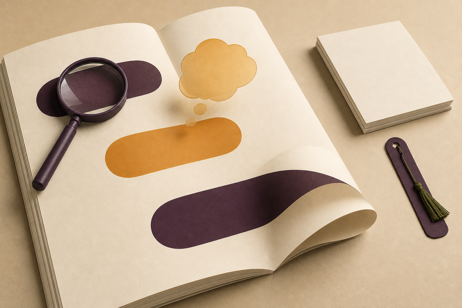 An article passage routes three unfamiliar word shapes toward a magnifying glass, a tentative thought bubble, or continued reading, followed by a separate optional path to a bookmark.