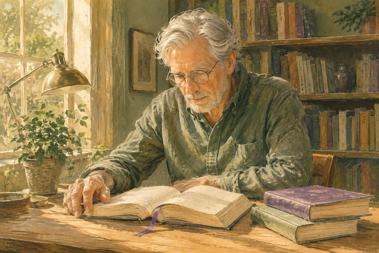 A reader studies an open book marked with a purple ribbon, with two closed books waiting beside it.