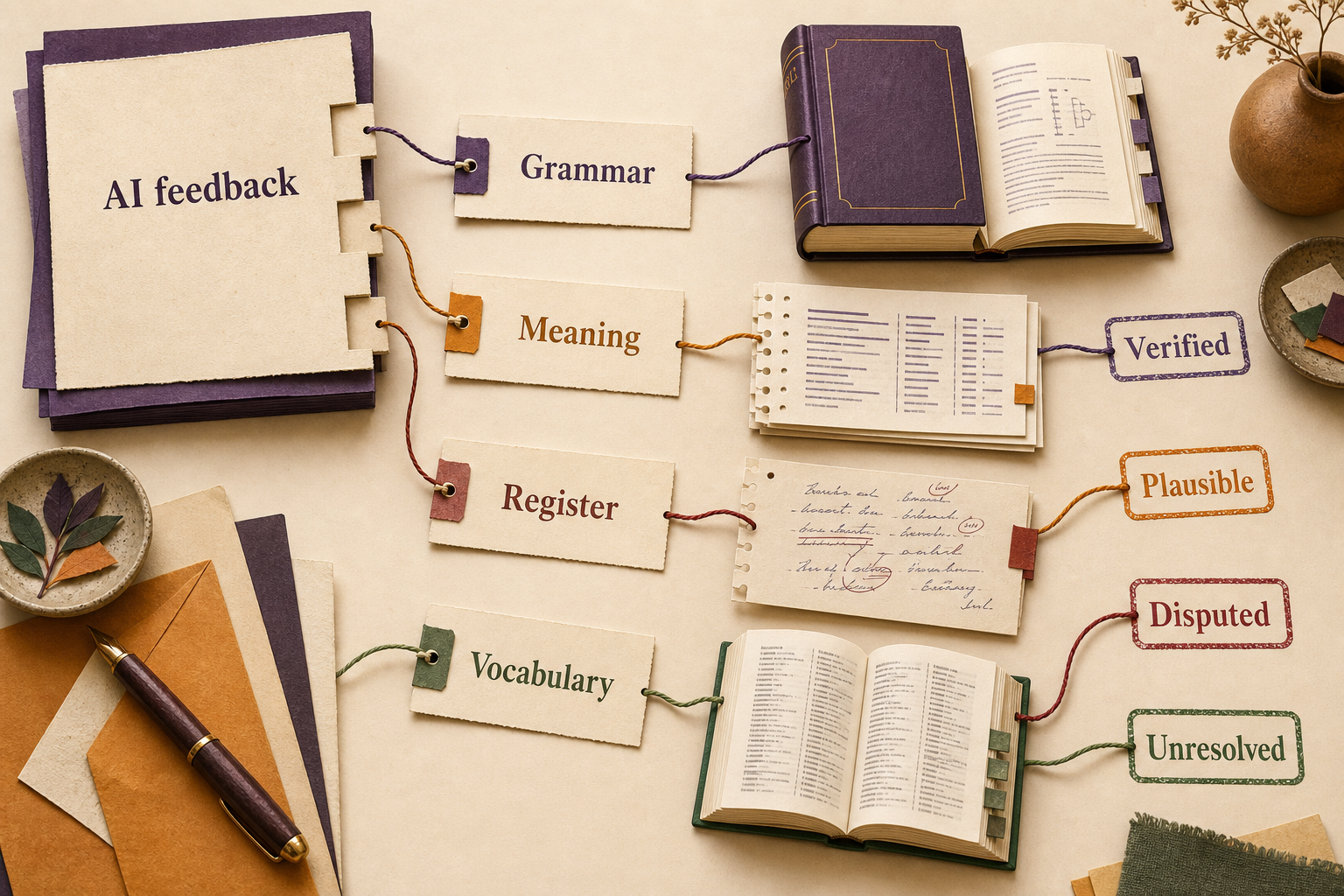 A block of AI feedback is separated into paper claim cards for grammar, meaning, register, and vocabulary, then routed toward evidence and status labels.