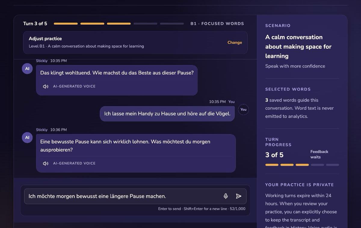 Practice Studio showing AI and learner messages in a focused five-turn conversation