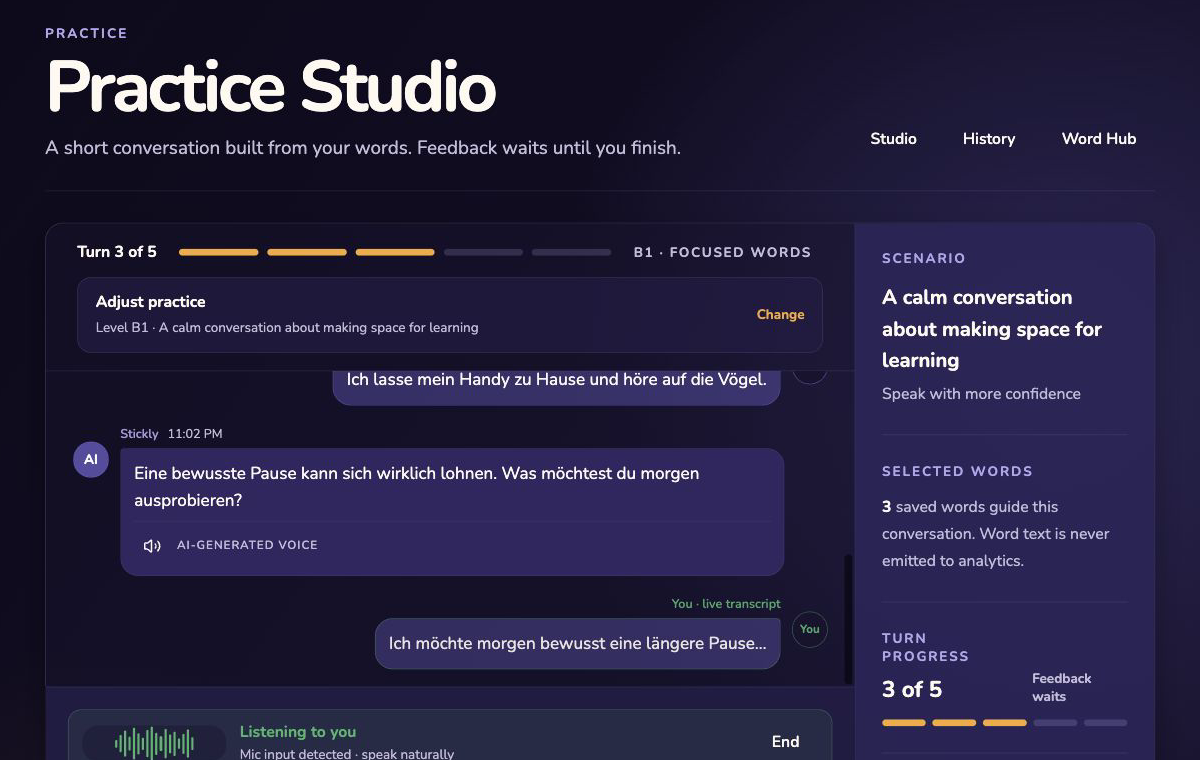 Stickly live voice practice showing a live transcript, an audio waveform, and clear microphone listening feedback.