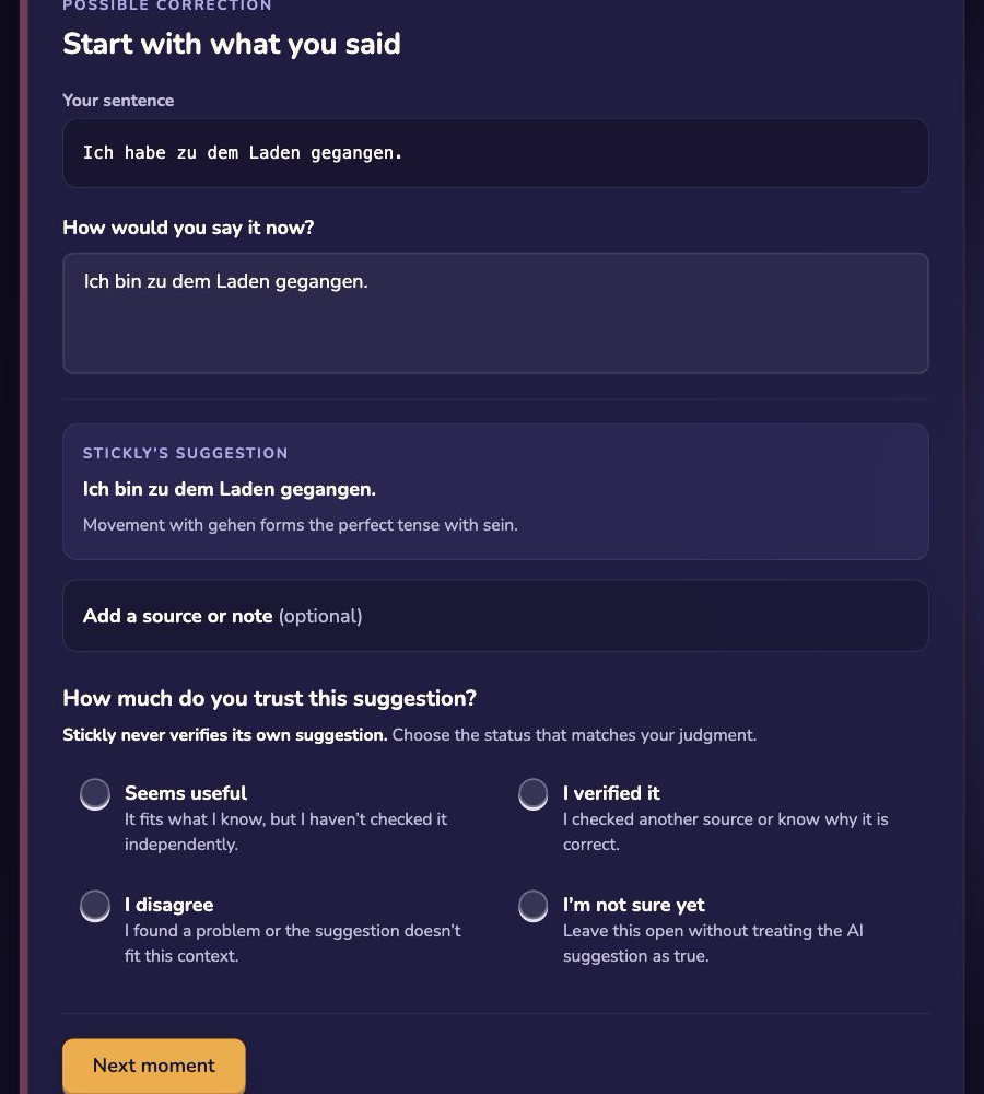 Stickly review showing a learner correction followed by the revealed AI suggestion and learner-controlled trust choices.
