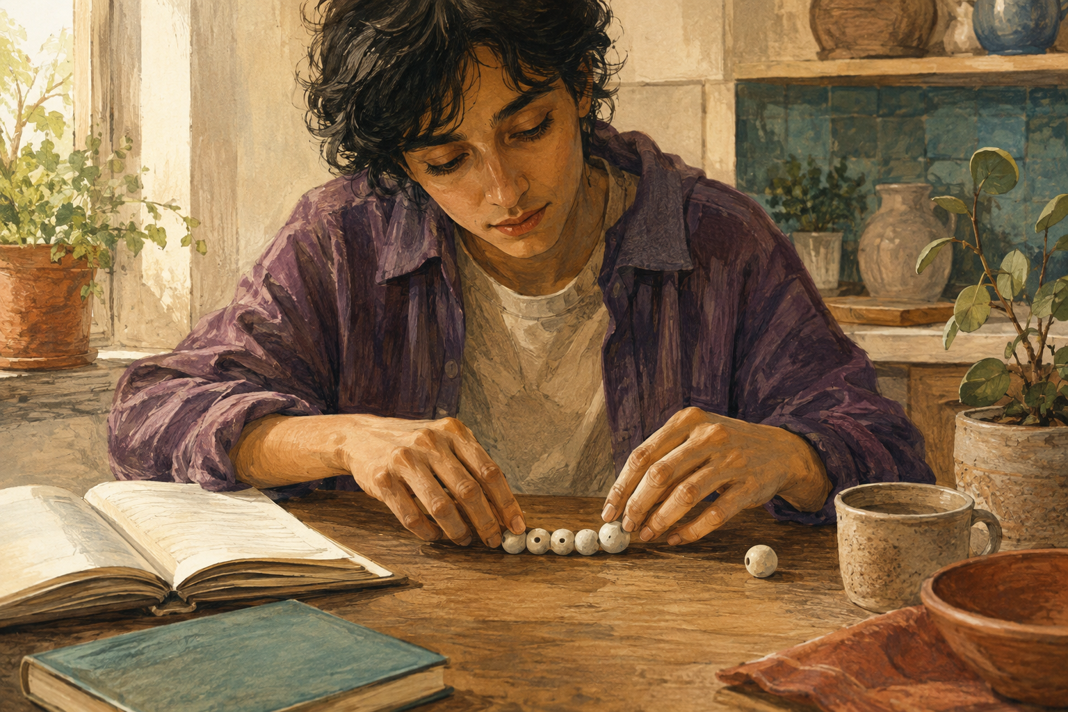 A young adult learner arranging a small group of beads beside an open book, with one bead left separate