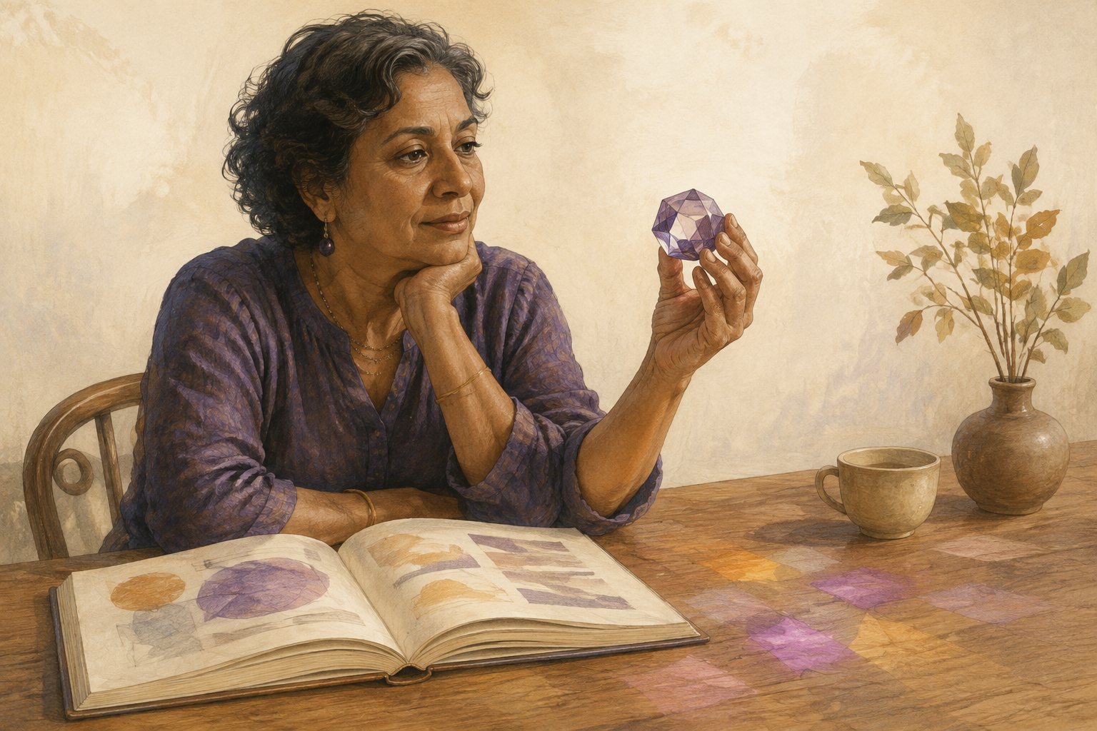 A woman studies a faceted purple glass object that casts several coloured patches beside an open book
