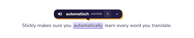 The Stickly translation bubble showing a selected word and its translation.
