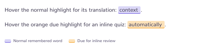 A reading page showing saved vocabulary highlights in different review states.