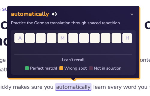 An inline Stickly review quiz anchored beside a word in a browser article.