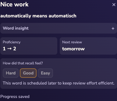 A completed inline review with successful answer feedback.