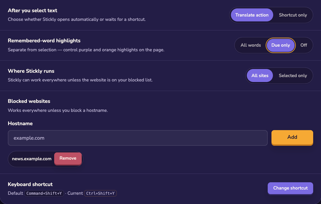 Stickly browsing settings with separate controls for translation, highlights, and practice.