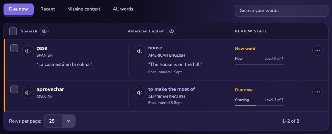The Stickly webapp Word Hub listing saved words, translations, and review information.