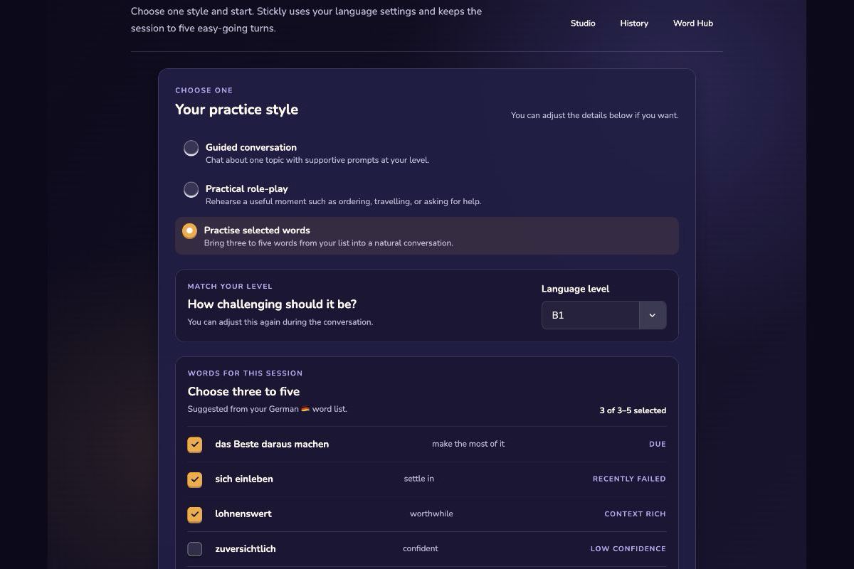 Practice Studio setup with a language practice scenario and session controls.
